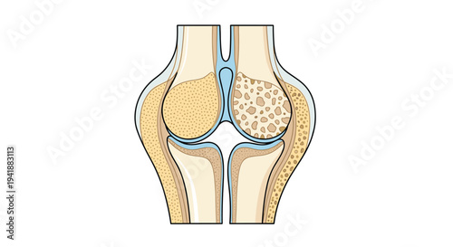 A detailed anatomical diagram presents a side-by-side comparison of two knee joints, illustrating both healthy and osteoporotic bone structures.