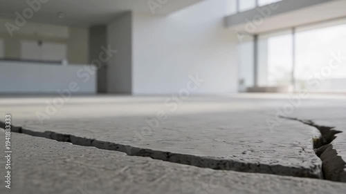 Close up of large crack on concrete floor inside empty modern building with natural light