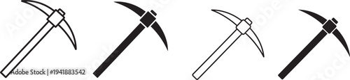 A set of vector line art silhouettes of pickaxes in different orientations and colors