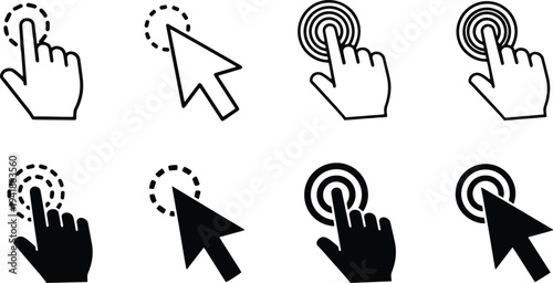 A set of vector line art silhouettes depicting hands interacting with digital interfaces and cursors.