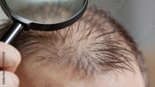 Close up of scalp with thinning hair and magnifying glass showing hair loss and baldness