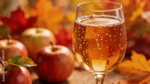 Refreshing glass of sparkling apple cider with fresh apples and autumn leaves background
