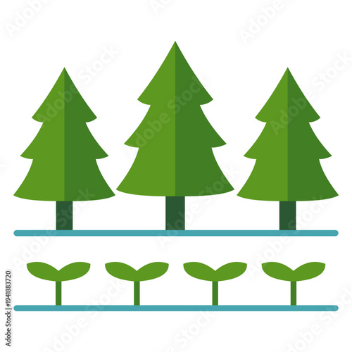 Forest and Seedlings Growth Icon – Reforestation, Nature and Environmental Sustainability Concept