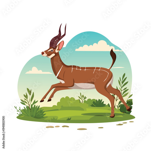 Running antelope cartoon illustration on a green background