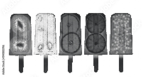 Five ice pops with various toppings and flavors on a stick displayed in a row against a white background