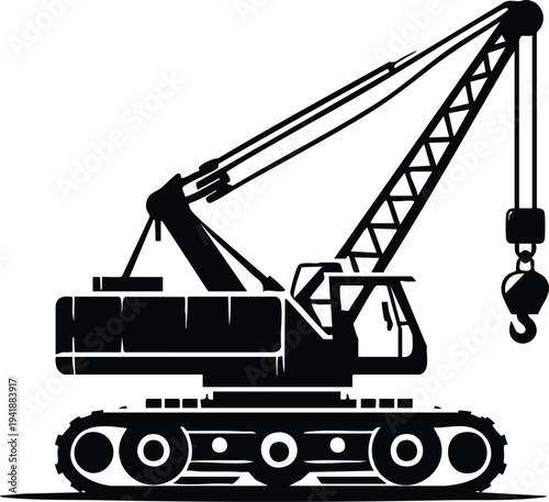 Silhouette of a crawler crane a heavy construction machine with a hook and boom isolated on white background for industrial design
