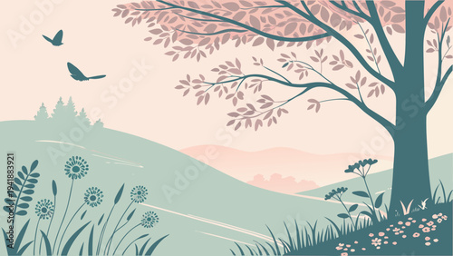 Serene landscape with tree, birds, and wildflowers in rolling hills