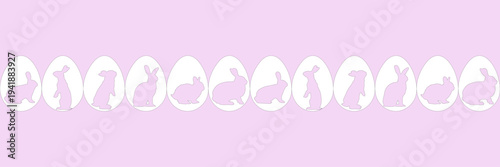 Decorative Easter border with bunny silhouettes inside eggs. Cute repeating pattern for greeting cards, banners, invitations and spring holiday design.