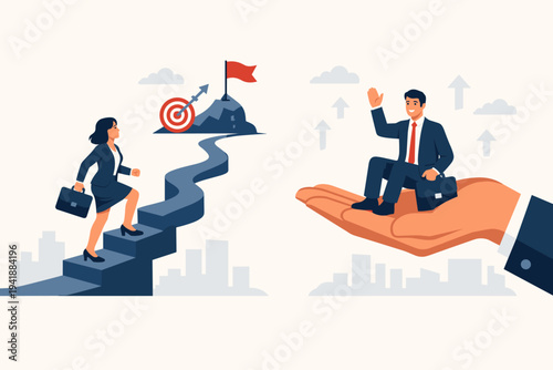 Illustration of a businesswoman climbing a difficult career path towards a goal while a businessman is lifted by a giant hand, representing gender inequality, privilege, and workplace bias.