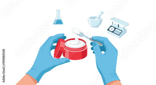 A pair of gloved hands are mixing a white cream in a red jar with a spatula, with lab equipment outlined in the background.