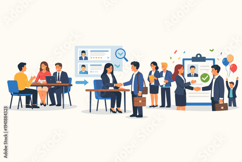 Flat Vector Illustration of the Recruitment Process Showing Job Candidates Being Interviewed, Screened, and Hired for Company Vacant Positions with HR Managers Shaking Hands and Celebrating.