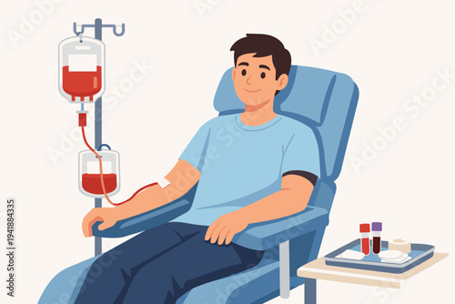 Young male volunteer sitting in a medical chair donating blood at a clinic. Flat vector illustration of blood donation process with blood bags, tubes, and medical supplies. Healthcare concept.
