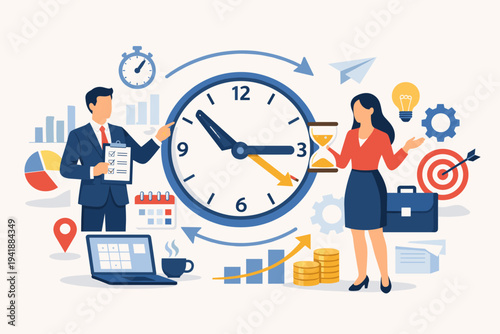Efficient Business Time Management Vector Illustration Featuring a Businessman and Businesswoman Organizing Tasks with a Large Clock, Hourglass, Calendar, and Charts for Maximum Productivity.