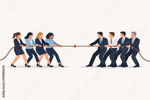 Flat vector illustration of businesswomen and businessmen in a tug of war competition, symbolizing gender equality, corporate rivalry, workplace conflict, teamwork, and professional struggle.