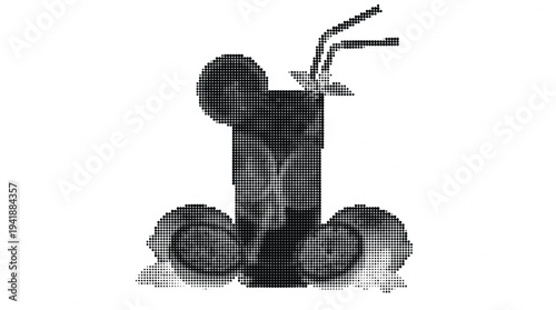 Modern minimalist black and white pixel art illustration of a mic stand with a microphone and headphones
