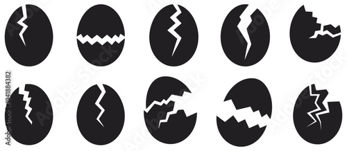 Broken Easter Egg Icon Set Vector Illustration, Silhouette Cracked Eggshell Symbols Isolated on White Background, Easter Holiday Design Elements, Black Egg Shell Icons Collection for Graphic design
