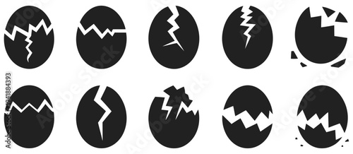 Broken Easter Egg Icon Set Vector Illustration, Silhouette Cracked Eggshell Symbols Isolated on White Background, Easter Holiday Design Elements, Black Egg Shell Icons Collection for Graphic design