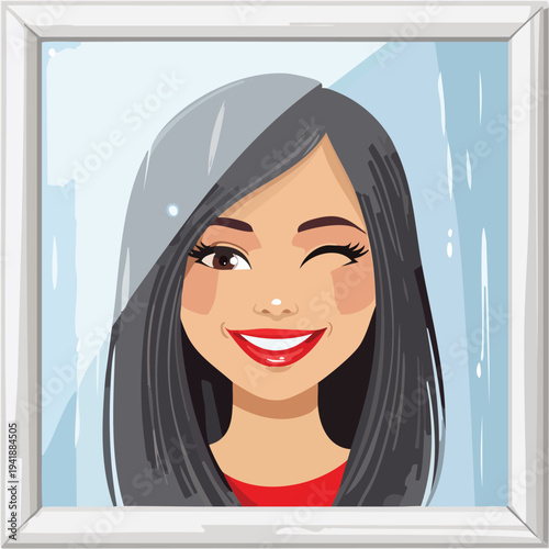 Smiling woman in a frame winking portrait style