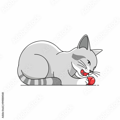Line art illustration shows cat playing toy on clean white background. Domestic feline kitten playing toy with small red object. Concept cat playing toy for pet store, animal care website,