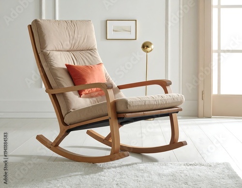Elegant Wooden Rocking Chair with Comfortable Cushions in a Cozy Room.