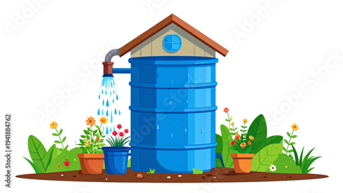 Rainwater Harvesting Barrel Outside House with Garden Plants Vector Illustration