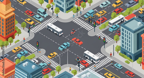 Isometric City Intersection with Cars and Pedestrians.