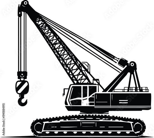 Industrial heavy duty crawler crane with a lifting hook vector illustration on a white background