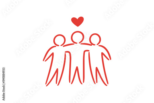 Red line drawing of three people with a heart above them in a symbol  Autism awareness clipart design