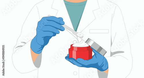 A person in a white lab coat and blue gloves is carefully scooping white cream from a red jar with a spatula.