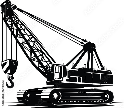 Industrial heavy duty crawler crane with a lifting hook vector illustration on a white background