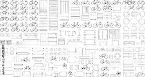 Isolated on transparent background a complex arrangement of black technical drawings and diagrams on a white surface