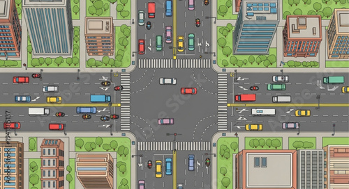 Aerial View of a Busy City Intersection with Traffic.