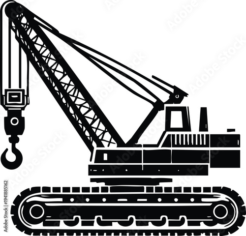 Industrial heavy duty crawler crane with a lifting hook vector illustration on a white background