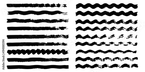Collection of abstract black brush strokes and wave like line patterns