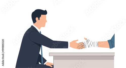 A male lawyer in a dark suit extends his hand across a grey table to shake a bandaged hand.