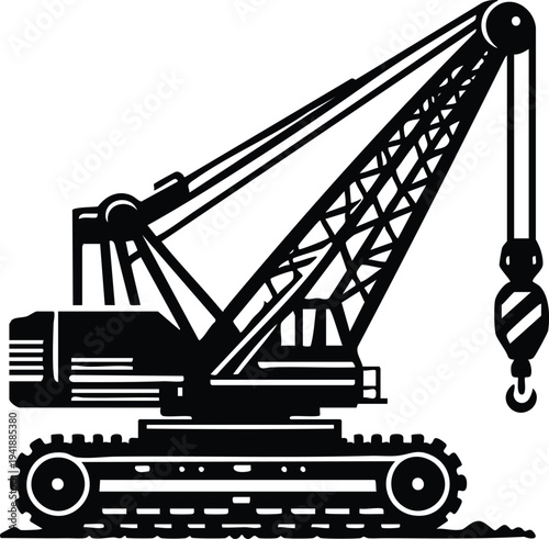 Industrial heavy duty crawler crane with a lifting hook vector illustration on a white background