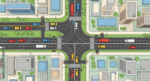 Aerial View of a Busy City Intersection.