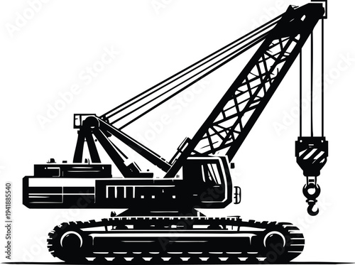 Industrial heavy duty crawler crane with a lifting hook vector illustration on a white background