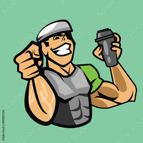 Strong man with tumbler Vector cartoon artwork