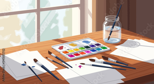 Artistic Workspace with Watercolor Palette and Brushes by Window