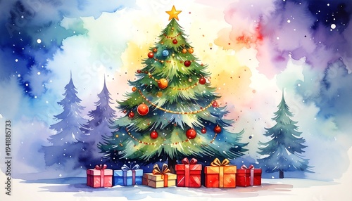 Festive Christmas Tree Watercolor Painting with Gifts and Snow.