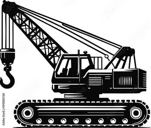 Industrial heavy duty crawler crane with a lifting hook vector illustration on a white background