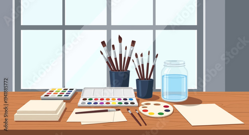 Artist's Creative Workspace with Watercolor Paints and Brushes by Window