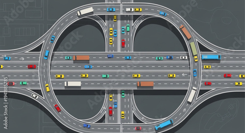 Aerial View of a Complex Highway Interchange with Traffic.