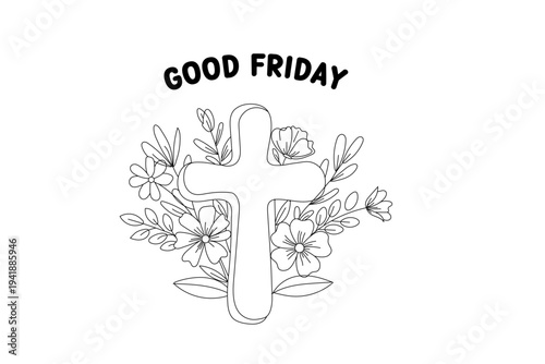 Good Friday colouring page with cross and flowers