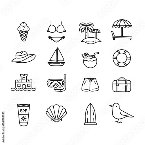 Ocean Beach Vacation Icon Set. Summer Travel, Ocean and Holiday Line Icons