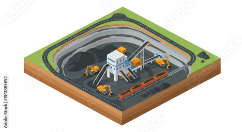 Isometric illustration of an oil rig on a platform with roads and infrastructure.
