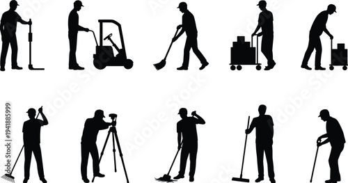 Silhouettes of industrial and maintenance workers performing diverse manual labor tasks including cleaning, sweeping, forklift driving, surveying, 