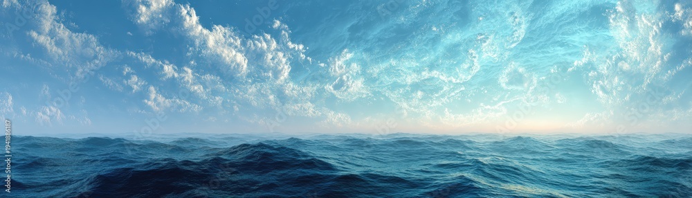 Fototapeta premium Vast ocean waves under a bright blue sky with scattered clouds during daytime, world crisis, blurred background