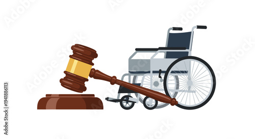 A large wooden gavel with a golden band rests diagonally on a brown circular block next to a grey and silver manual wheelchair on a white background.
